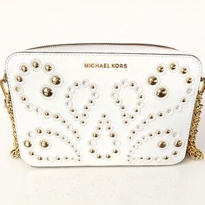 MICHAEL KORS white leather paisley studs camera crossbody bag